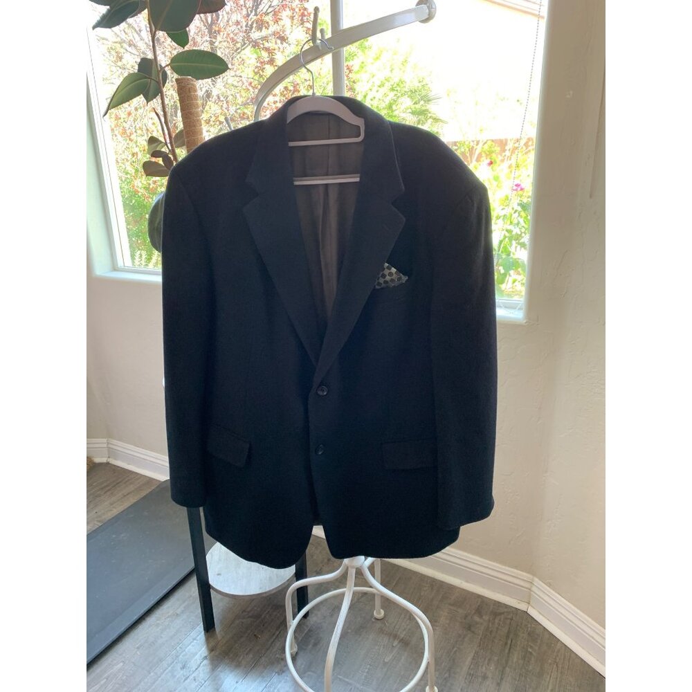 Mens Oscar De La Renta Black Wool Cashmere Sport Coat 46R GUC Pocket Square 6907